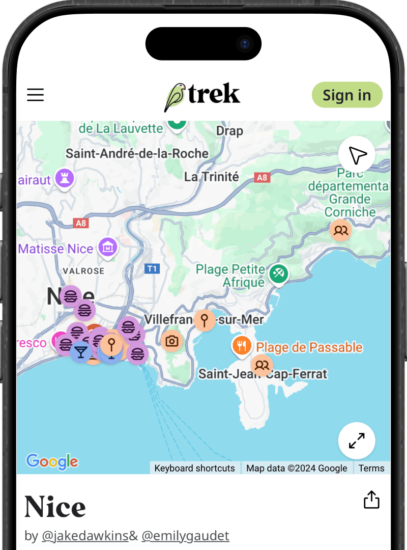 List header for the 'Nice, France' list with a map preview and pinned locations on the map