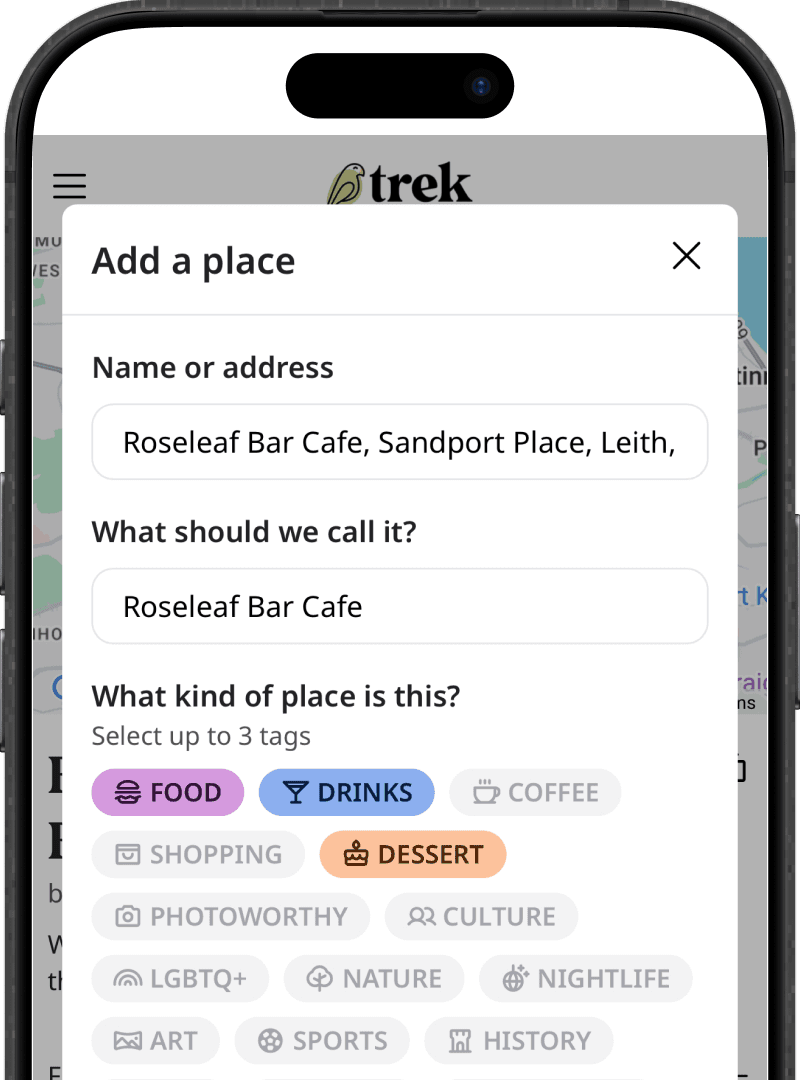 an 'add a place' form with a place name, address, and a tag selector with 3 tags selected: food, drinks, and dessert
